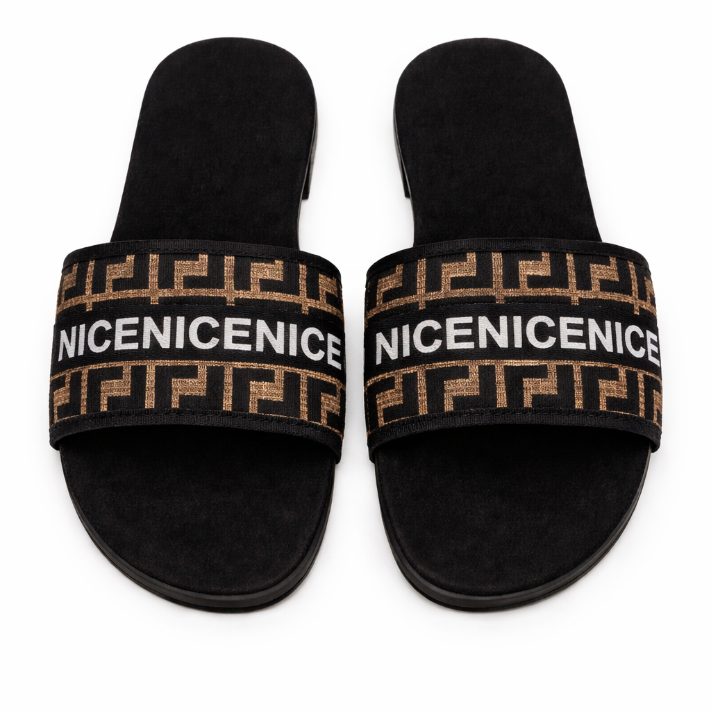 Elegant Womens Flat Slide Sandals with Patterned Strap